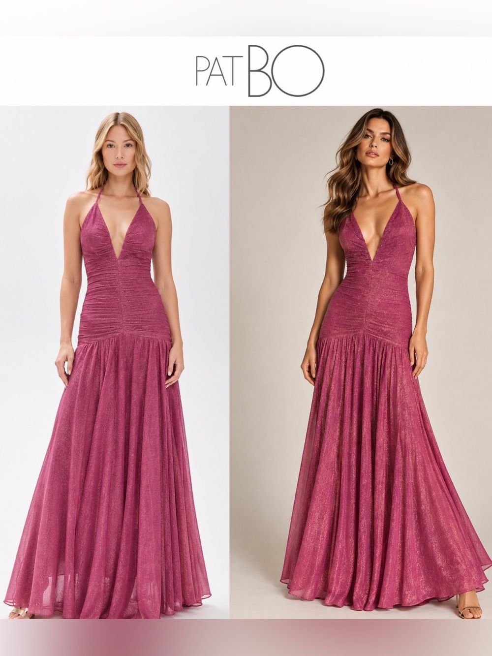 PatBO Metallic Plunge Dress Shimmer Halter Gown in Berry Pink Sz 2 $775